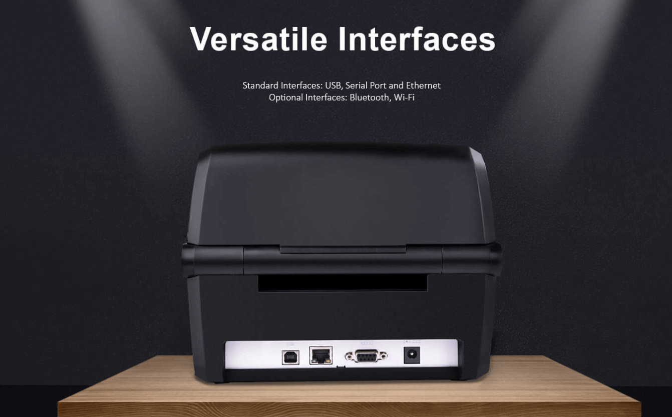 Back view of a impressora de códigos de barras showing multiple interface ports like USB, Serial, and Ethernet.
